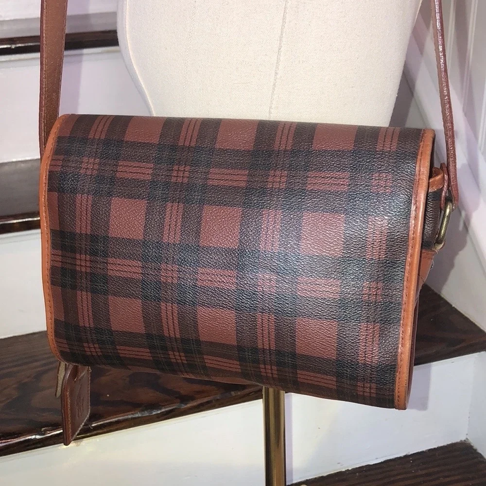 RALPH LAUREN Brown Green Tartan Plaid Rolled Body Crossbody Messenger SaddleBag
